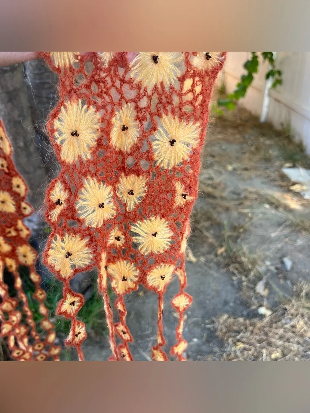 Rust & Yellow Floral Crochet Scarf with Beaded Details & Fringe.